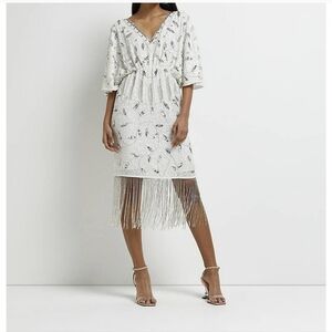 NEW River Island Batwing Sleeve Sequin Tassel Midi Dress, Sz UK 10/ US 6
